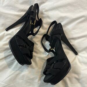 Yves Saint Laurent Black Strappy Heels with Gold Buckle